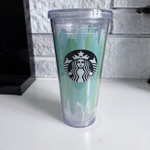 Starbucks 24oz Tumbler Mint Green Watercolor Blues Brush Strokes w Straw